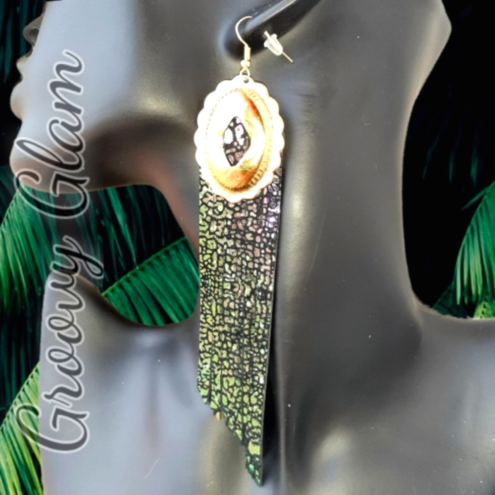 GROOVY GLAM Handmade Metallic Oil Slick Foil Leather Fringe Concho Earrings